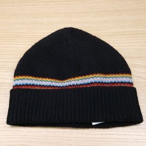 PAUL SMITH Mens Beanie Hat Black Stripe 100% Wool Lambswool Knit Ribbed $155